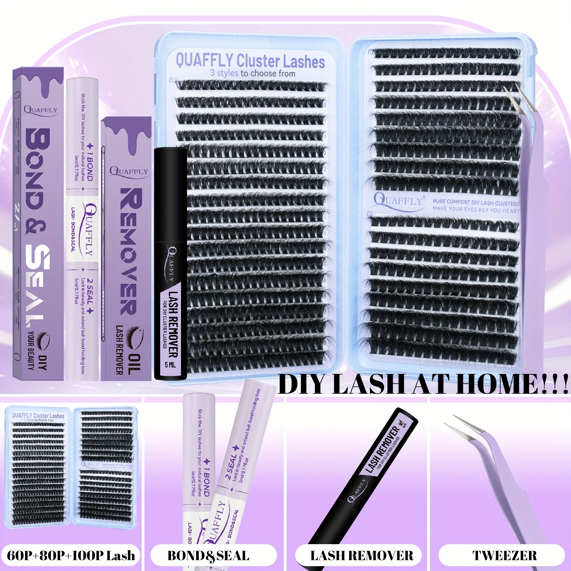 QUAFFLY Eyelashes 666pcs D-Curl Fluffy Eyelash Extension Set 60D+80D+100D Cluster Eyelash Extension Set 10-18mm Individual Cluster Eyelash Extension Set With Eyelash Bond And Seal, Eyelash Remover, Tweezers