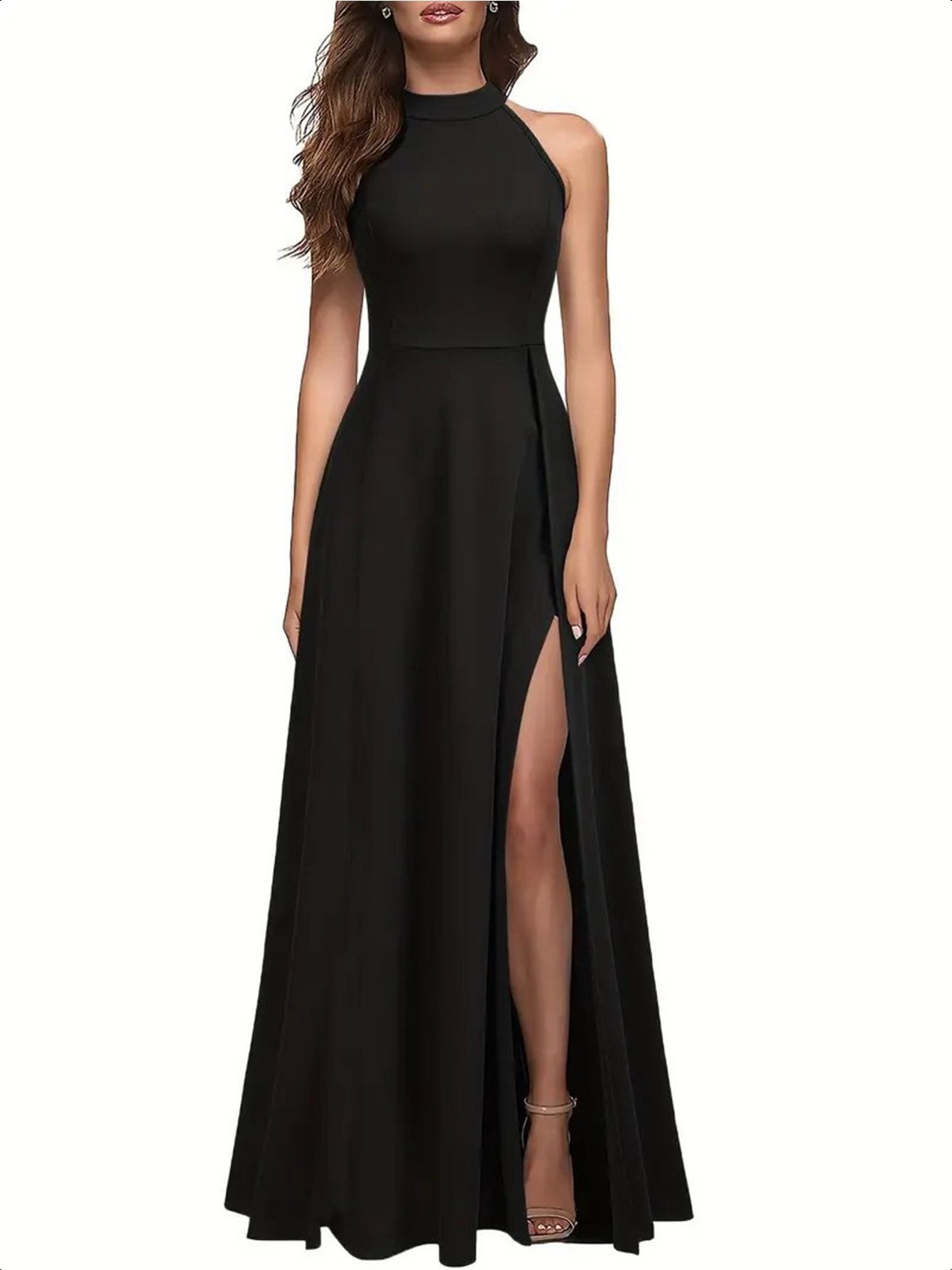 Long formal dress, slit thigh high waist long dress, elegant sleeveless round neck dress, suitable for parties and banquets