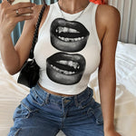 Women's White Cropped Tank Top with Black & White Lip Print - Semi-Sheer Summer Casual Top, Relaxed Fit Round Neck, Machine Washable, Ladies Tank Tops, Playful Lip Design, Semitransparent Material, Everyday Outfit, Breathable