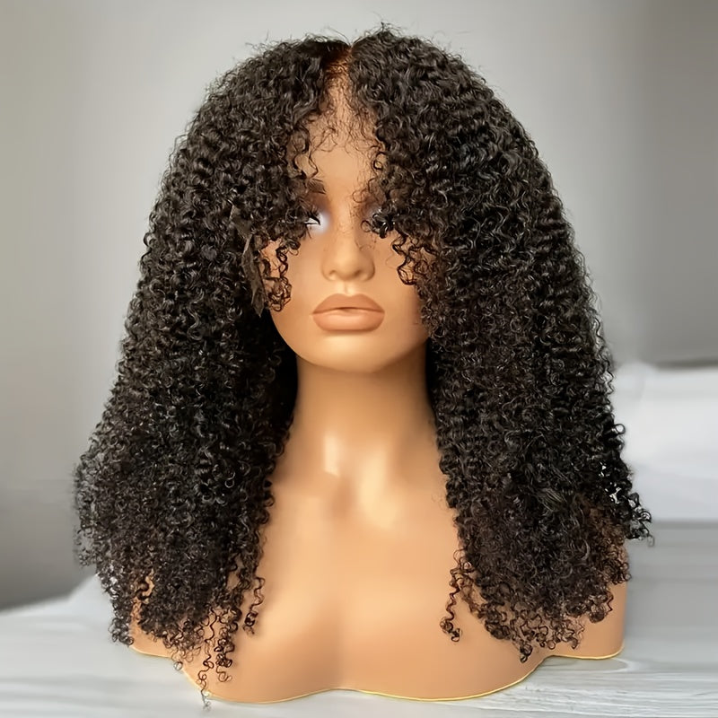 4x4 Lace Closure Kinky Curly 200% Density Human Hair Wigs, 22Inch, Transparent Lace, PrePlucked, No Shedding, Brazilian Hair, Small Knots, Unisex Adult, Deep Curly, With Curtain Bangs, Ready To Wear