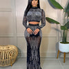 Two-Piece Glamour Set - Rhinestone Embellished Bodycon Crop Top & High Waist Floor Length Skirt - Women's Party Clothing for Special Occasions