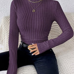 Women's Elegant High-Neck Ribbed Sweater - Solid Color Long Sleeve Fashion Top - Polyester Knit - For Fall/Winter - Perfect for Women - Stylish & Cozy - Ideal Gift for Birthday & Holidays