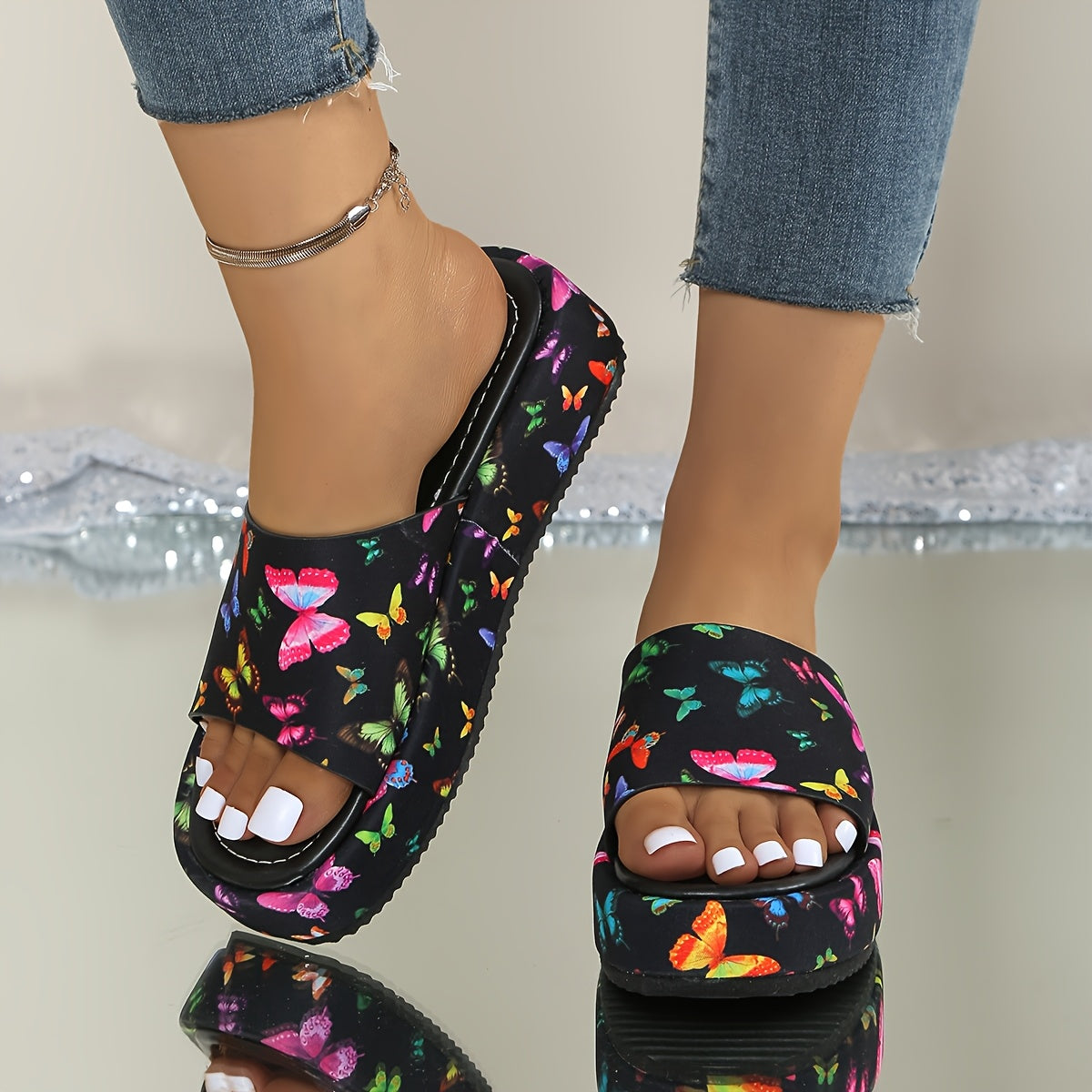 Women'S Fashionable Summer Platform Sandals with Butterfly Print - Slip-On, Open Toe, Rubber Sole, Synthetic Insole, All-Season Comfort, Casual Footwear | Vibrant Sandals | Comfortable Footwear