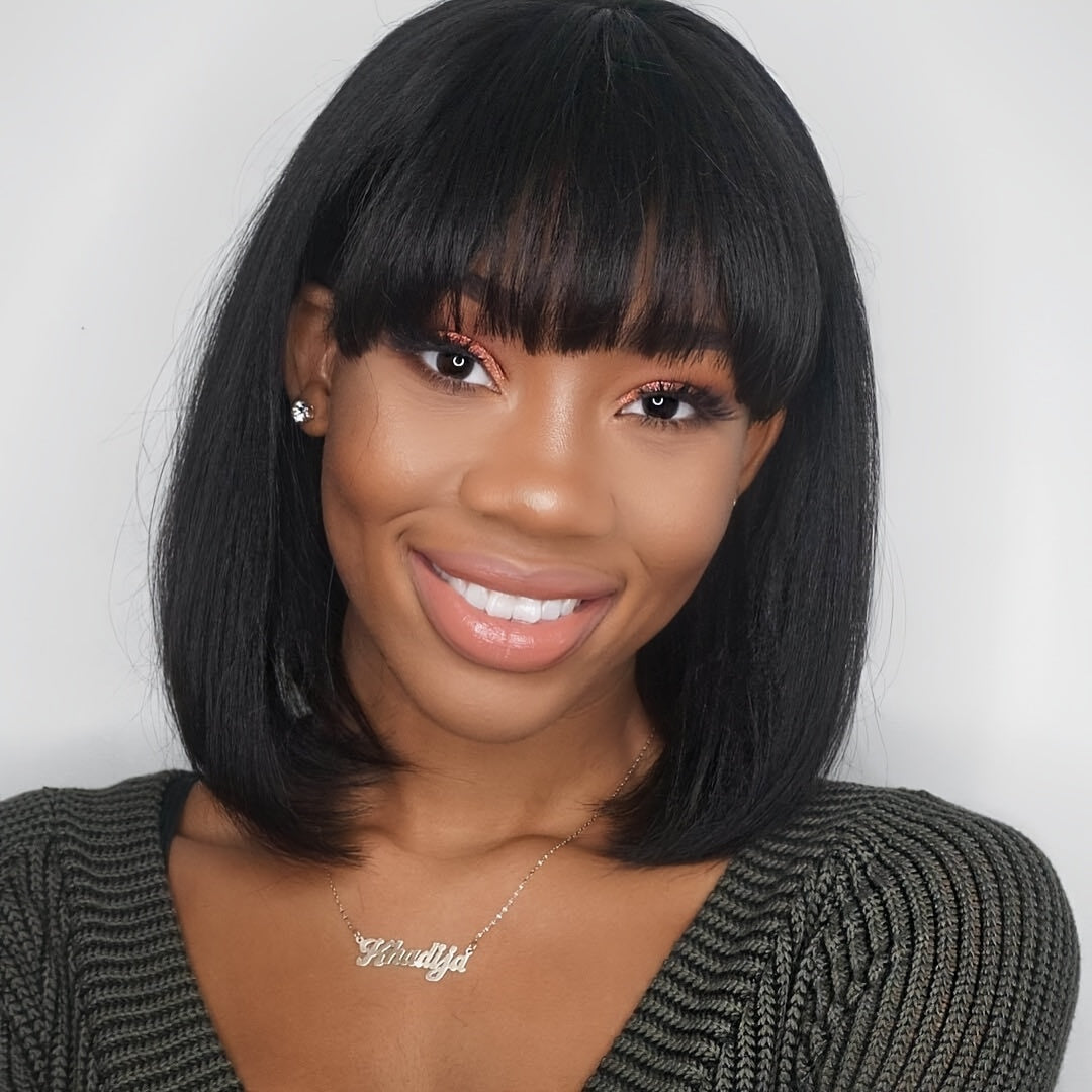 Elegant Straight Brazilian Human Hair Bob Wig with Bangs, Density, Glueless Short Wigs for Women, Rose Net Cap, Natural Look, Straight Hair, Human Hair, with Fring