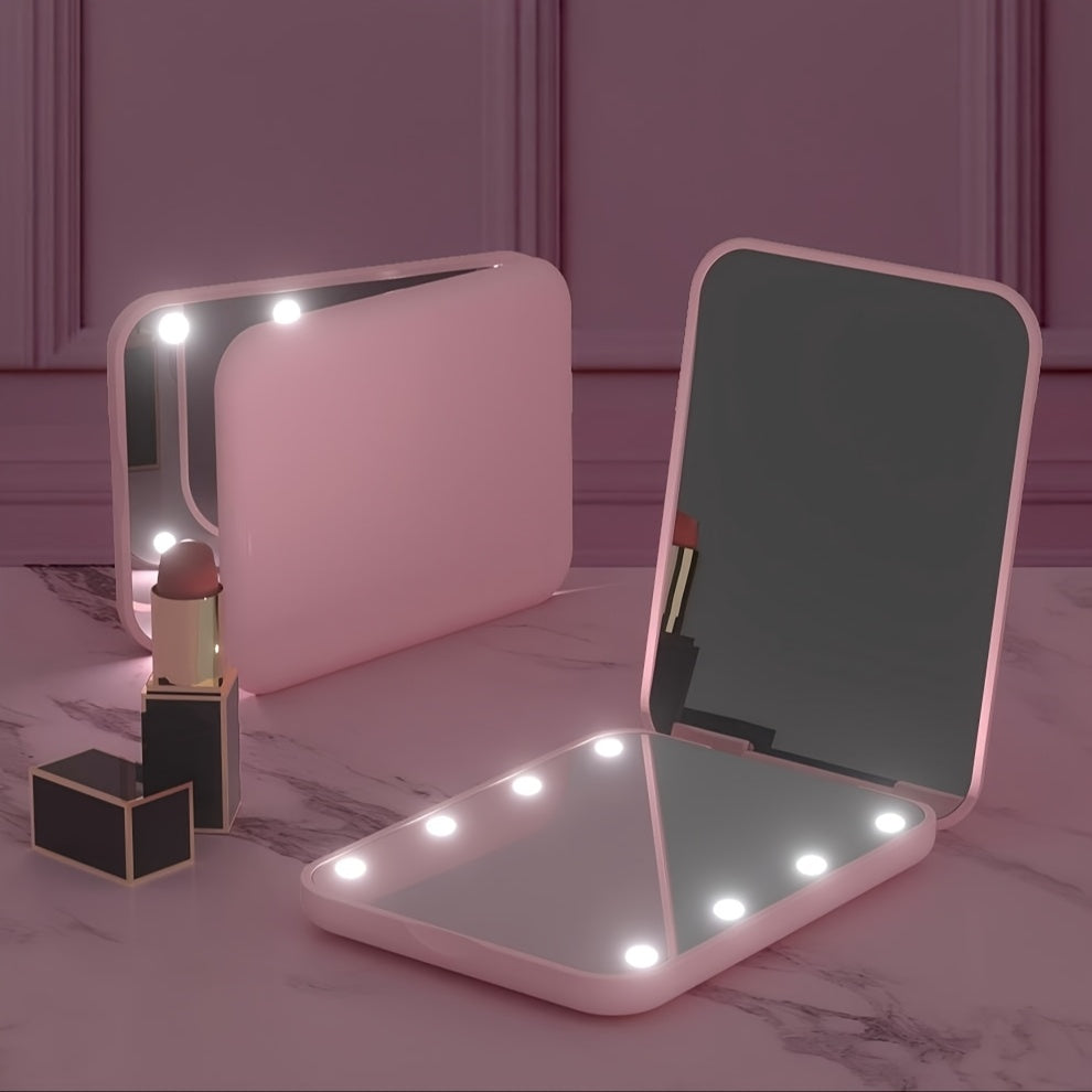 [LED Travel Makeup Mirror] Compact, Double-Sided, 1X/3x Magnified LED Mini Travel Makeup Mirror - Portable, Folding, Hand-Held, Small Lighting, Unscented, Plastic Surface, Non-Rechargeable Button Battery (Diameter≥20mm) Pow