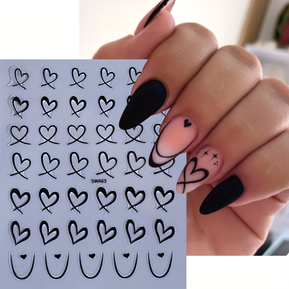 8pcs Rectangle Self-adhesive Glossy Plastic Nail Stickers, Pink Black White, Heart Pattern, Valentine Design, Golden Geometry Wave Lines Stripe Stars, Fantasy Theme, with Glitter, for Manicure Decoration