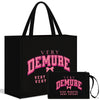 2pcs Chic Black Linen Tote & Makeup Bag Set with "VERY DEMURE" Print - Lightweight, Durable Shopping and Beach Travel Bags with Pink Bow Accent, Hand Washable