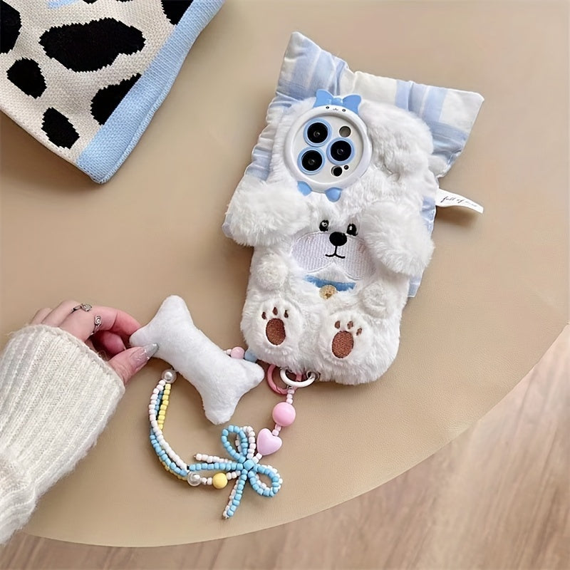 Cartoon White Dog Fluffy Mobile Phone Case with Bracelet Suitable for iPhone 16 Pro Max Autumn and Winter Plush Mobile Phone Case