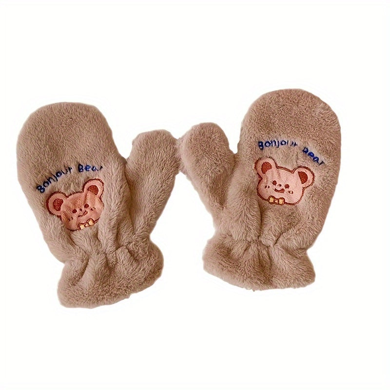 Cozycraft, Cozy Fleece-Lined Winter Gloves with Cute Bear Design - Windproof, Warm Mittens for Outdoor Activities, Non-Slip Touchscreen Compatible, Winter Accessories