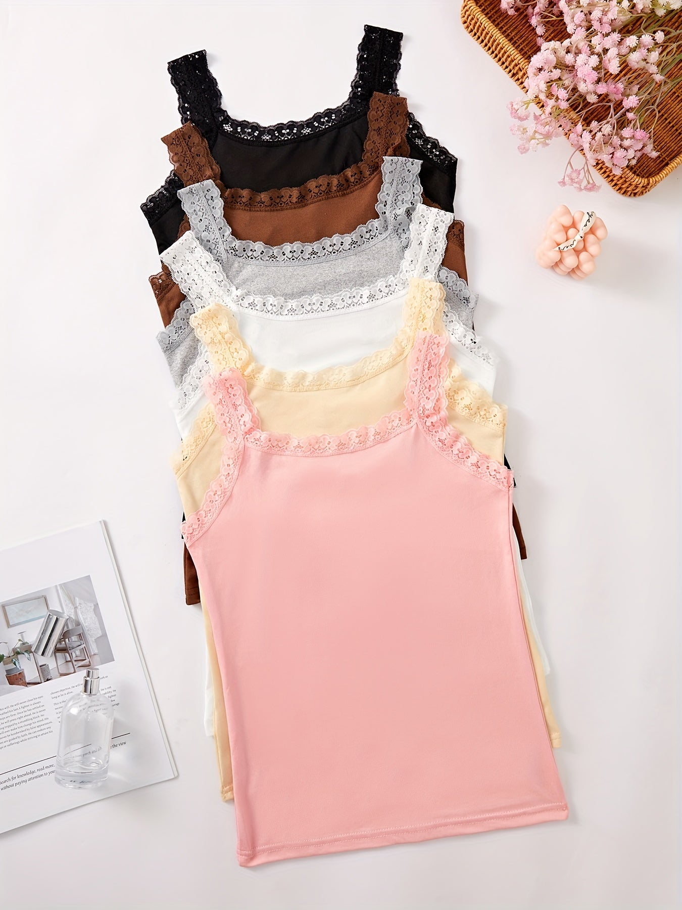 6pcs Autumn & Winter Thin Sleeveless Solid Lace Trim Vest, Versatile Crew Neck Vest Top, Women's Lingerie