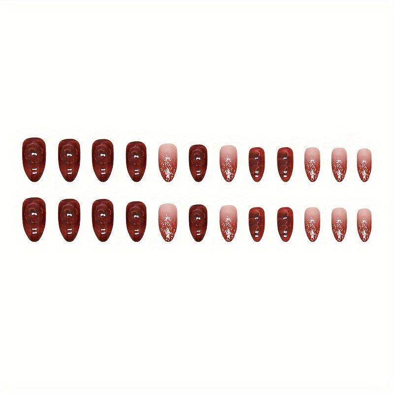 48pcs Safflower Fake Nails Red Gradient Nail Pressing, Flashing Medium-Long Almond Fake Nails, Elegant Fake Nails Girls Are Suitable As Fine Gifts for Each Other on Valentine'S Day.