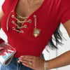 Women's Casual V-Neck T-Shirt | Red Polyester-Spandex Blend | Golden Metal Chain Detail | Slim Fit Short Sleeve | Machine Washable & Dry Clean Safe | Spring/Summer Collection