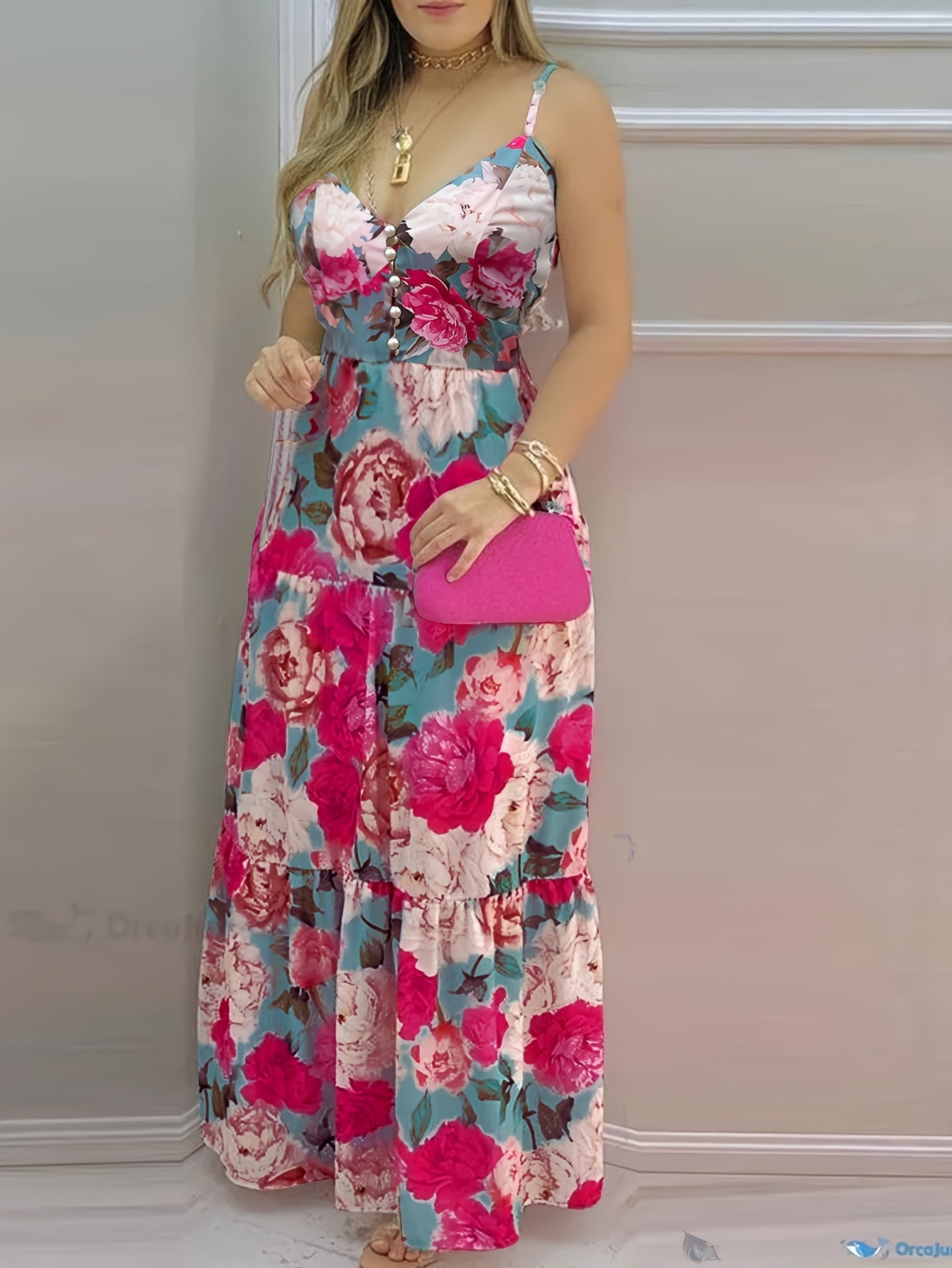 Women'S Elegant V-Neck Button Detail Pleated Maxi Dress, Summer Sleeveless Polyester 100% A-Line Flowy Dress with Print, Lightweight 113g/m² Fabric, Perfect for Adult - Woven