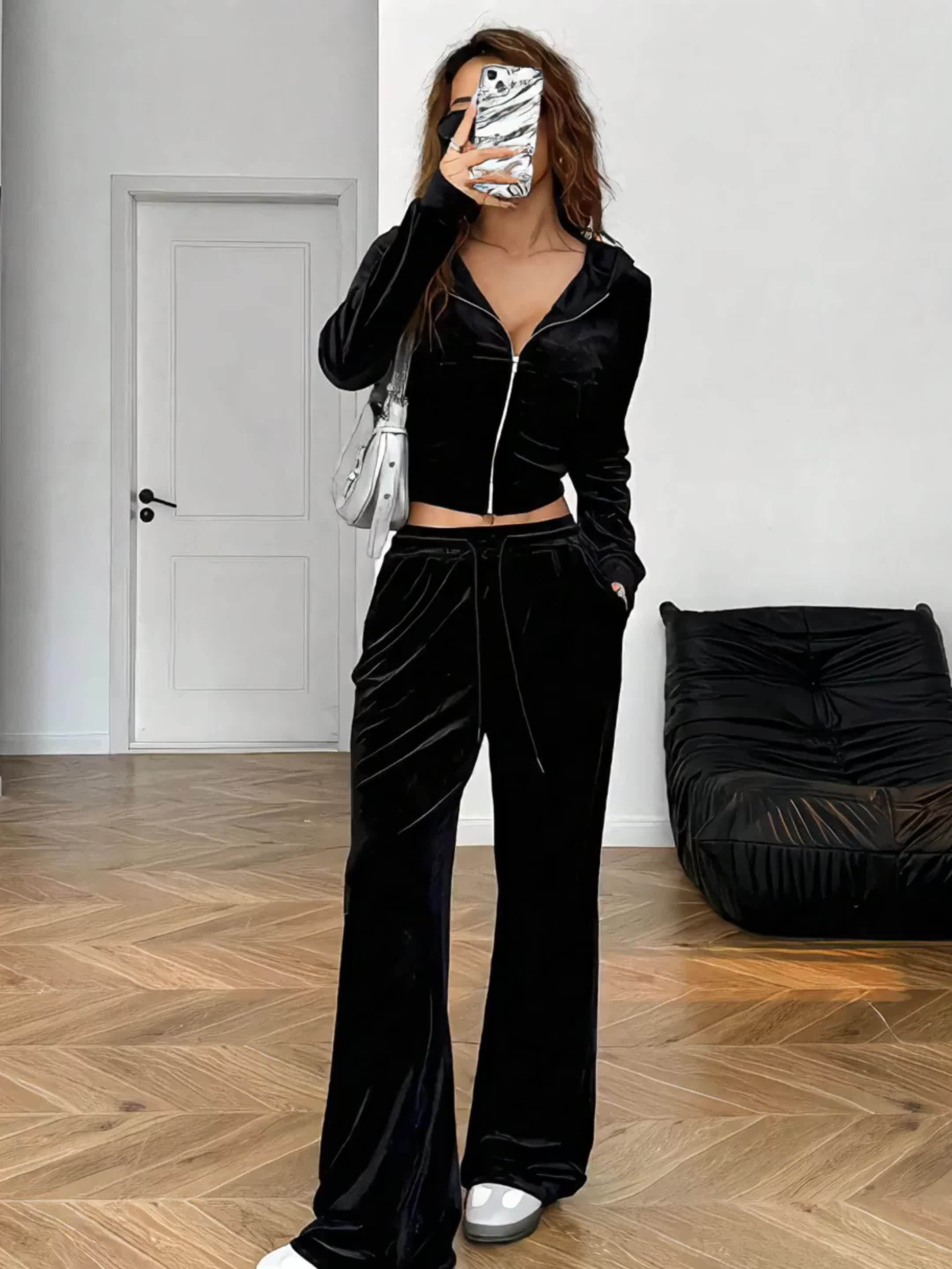 Spring/Summer Black Rhinestone Decorated Hooded Zipper Top and Pocket Pants Women's Casual Sports Suit