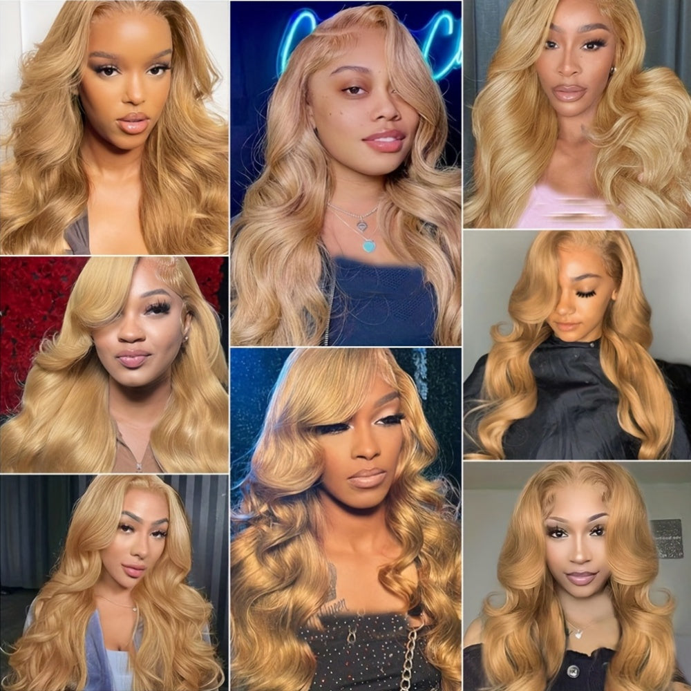 13x6 Honey Blonde Wig Human Hair 180% Density Peruvian Transparent Lace Frontal Wigs Human Hair Pre Plucked With Baby Hair 20-34 Inch Body Wave Wig 27# Colored