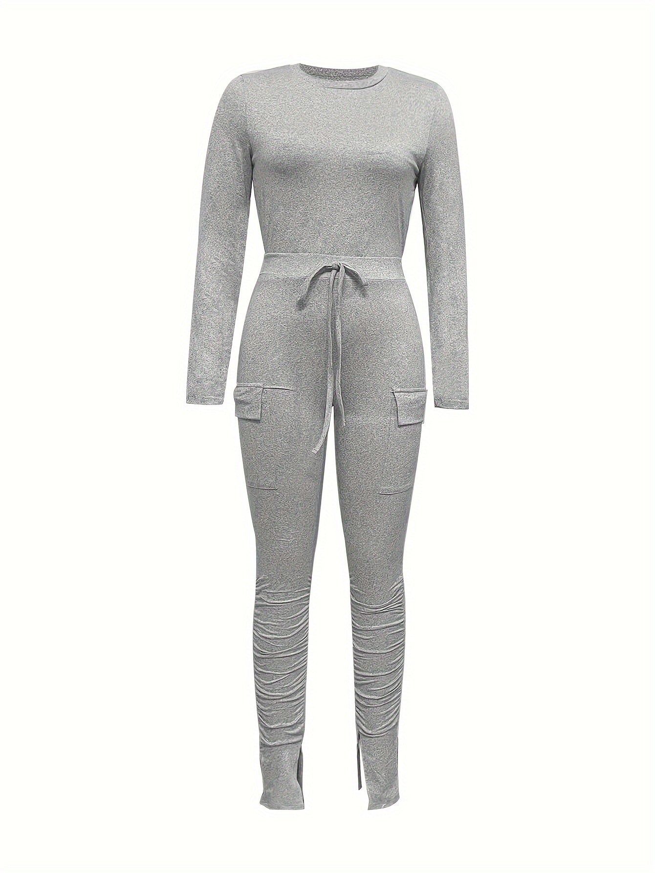Casual Solid Color Two-piece, Crew Neck Long Sleeve T-shirt & Skinny Pants Outfits, Women's Clothing
