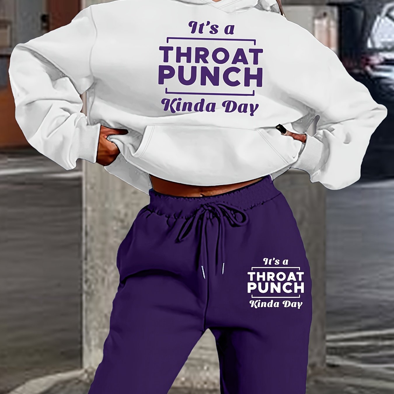 Women's Fashionable Athletic Two-Piece Set: White Hoodie with "THROAT PUNCH" Print & Blue Joggers with Drawstring - Casual, Trendy Streetwear, Polyester, Relaxed Fit Clothing|Playful Graphic Print|Glossy Fabric