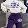 Women's Fashionable Athletic Two-Piece Set: White Hoodie with "THROAT PUNCH" Print & Blue Joggers with Drawstring - Casual, Trendy Streetwear, Polyester, Relaxed Fit Clothing|Playful Graphic Print|Glossy Fabric
