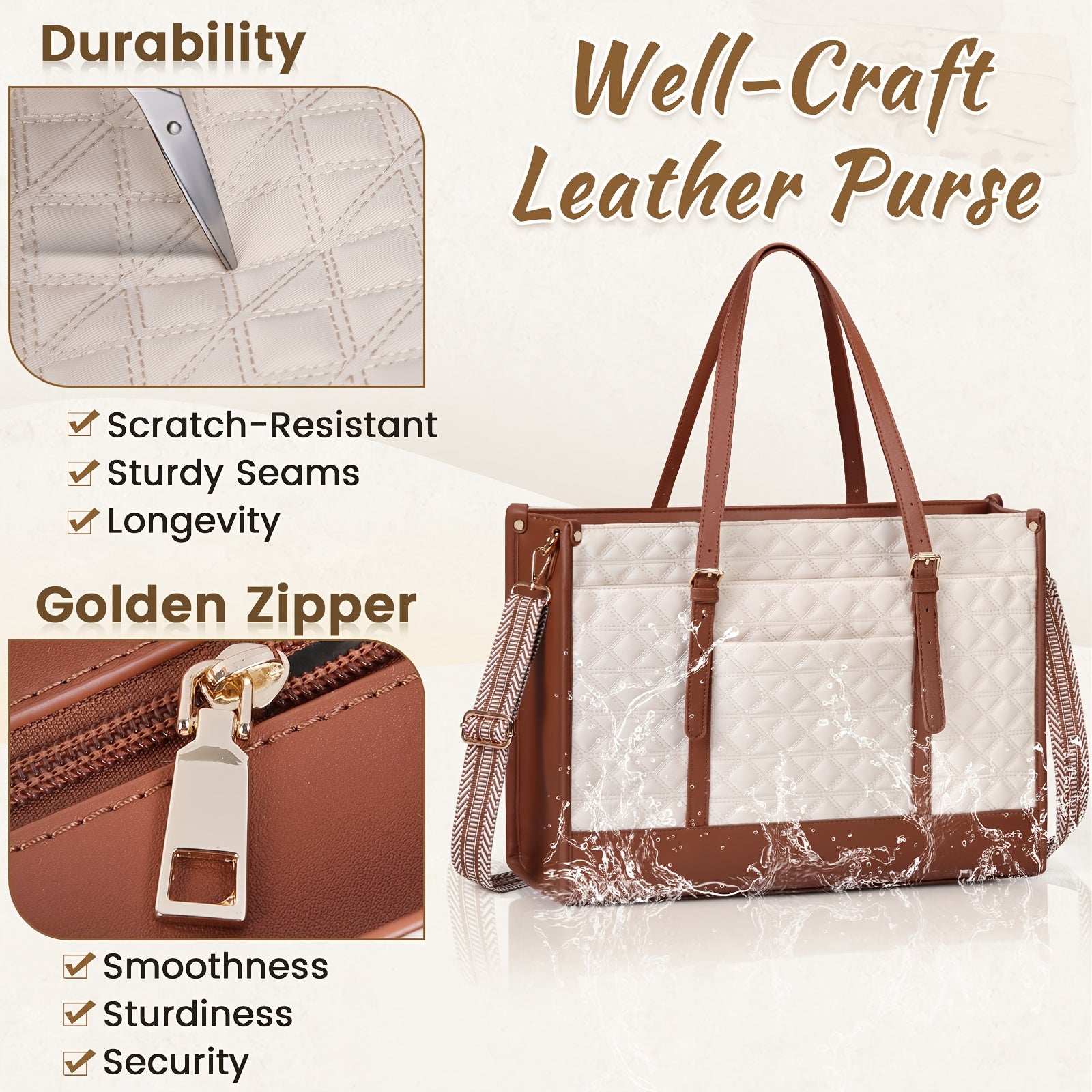 KTMOUW Laptop Bag For Women 15.6 Inch Vegan Faux Leather Work Tote Bag Quilted Womens Briefcase Designer Laptop Bags For Office Teacher College Cute Computer Bag With Purse Professional Beige & Brown