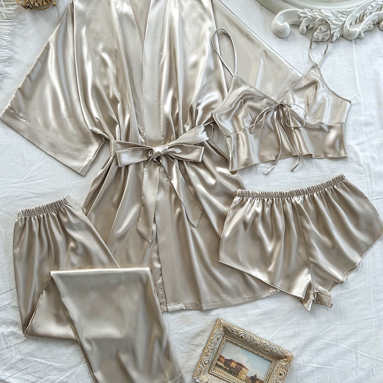 Women'S V-Neck Sexy Comfortable Robe Set with Mini Spaghetti Strap Shorts and Long Pants, Four Pieces