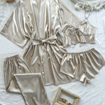 Women'S V-Neck Sexy Comfortable Robe Set with Mini Spaghetti Strap Shorts and Long Pants, Four Pieces