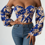 Vibrant Floral Print Crop Top, Off-shoulder Strappy Blouse with Lantern Sleeve for Spring & Summer, Women's Clothing