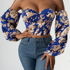 Vibrant Floral Print Crop Top, Off-shoulder Strappy Blouse with Lantern Sleeve for Spring & Summer, Women's Clothing