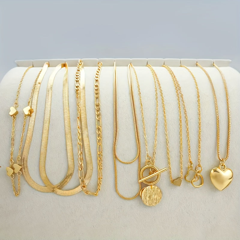 10pcs Vintage Luxury Necklace Set, Heart & Geometric Pendants, Snake Chains & OT Clasp, Alloy, for Daily Wear & Parties, Ideal Valentine'S Day Gift, All-Season Jewelry Collection