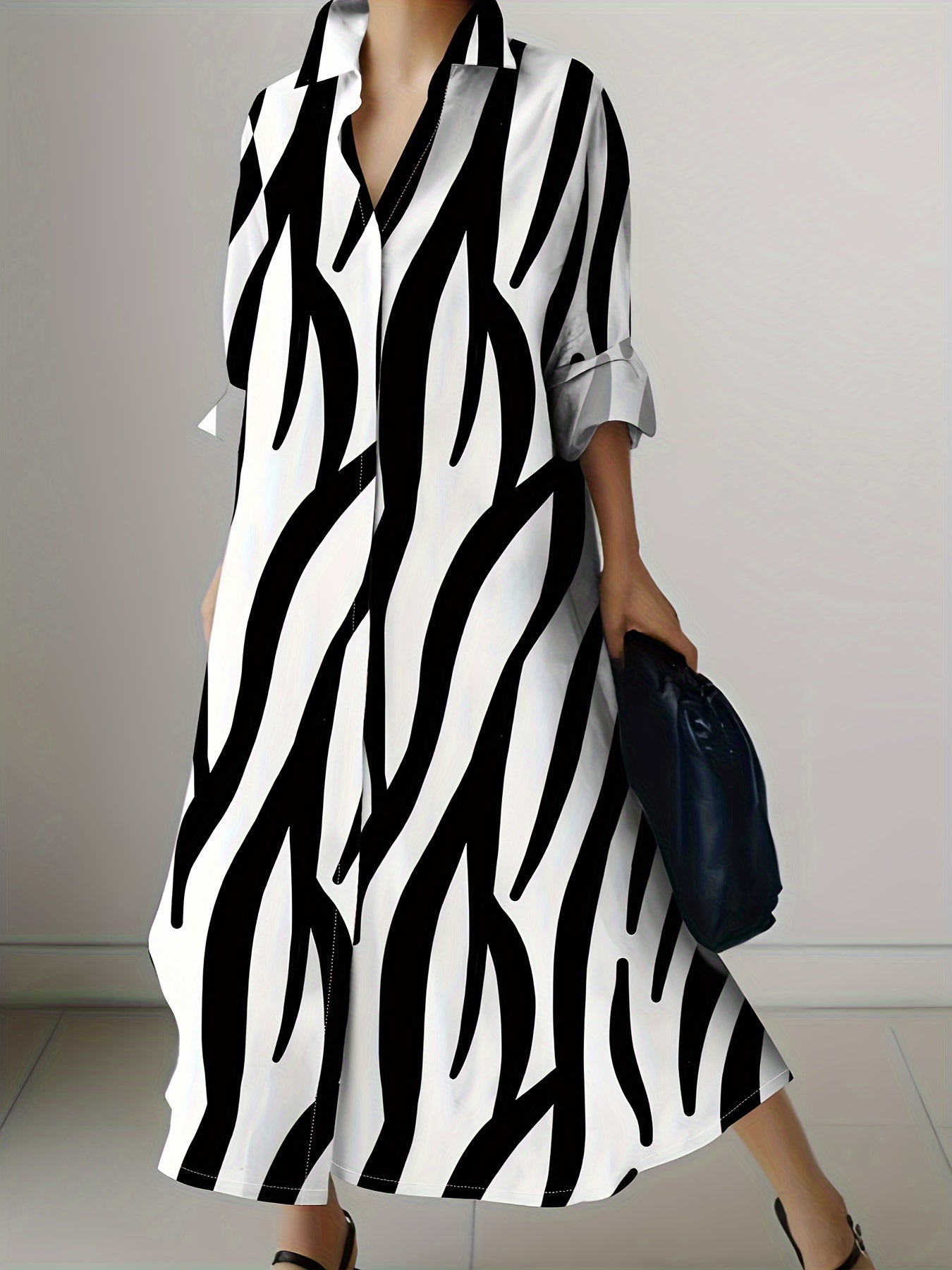 Zebra Print Lapel Collar Long Sleeve Dress, Polyester Vacation Style Button Up Shirting for Adult Women, Spring/Fall Season, 110g/㎡ Woven Fabric