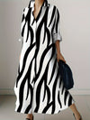 Zebra Print Lapel Collar Long Sleeve Dress, Polyester Vacation Style Button Up Shirting for Adult Women, Spring/Fall Season, 110g/㎡ Woven Fabric