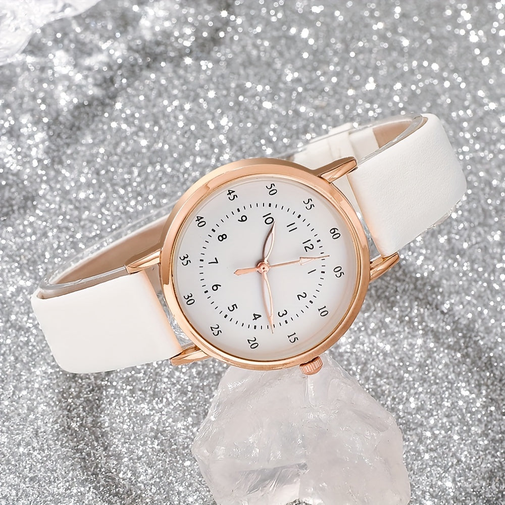 5pcs Elegant Women's Quartz Watch & Pearl Jewelry Set - Rose Golden Case, White Faux Leather Strap, Zinc Alloy - Includes Bracelets & Necklace - Perfect Gift for Valentine's, Easter, Birthdays, Christmas
