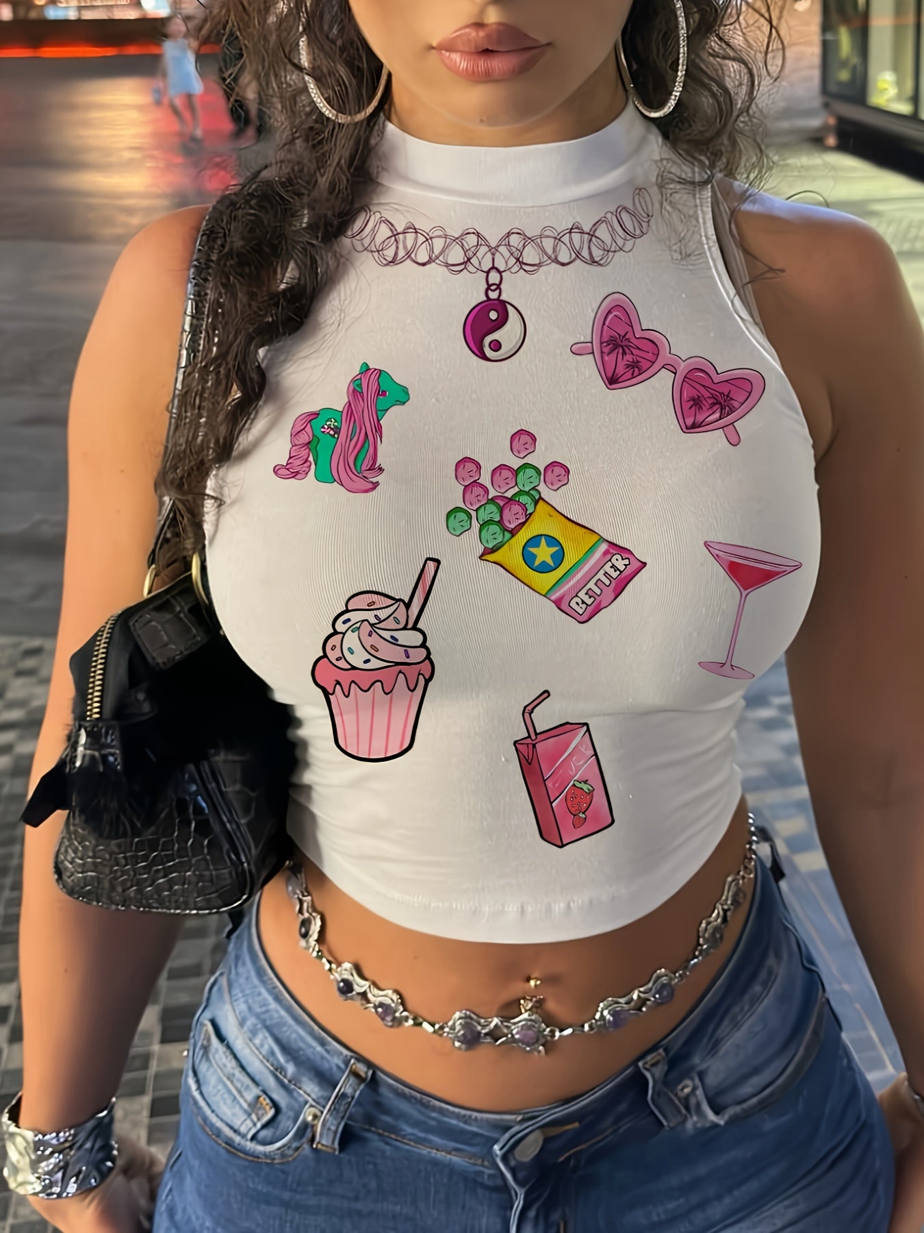 Women's Y2K-Inspired Graphic Print Tank Top - Stretchy Polyester & Spandex Blend, Crew Neck, Machine Washable - Perfect for Spring/Summer/Fall, White with Pinkish-Purple Hair Accessories Design