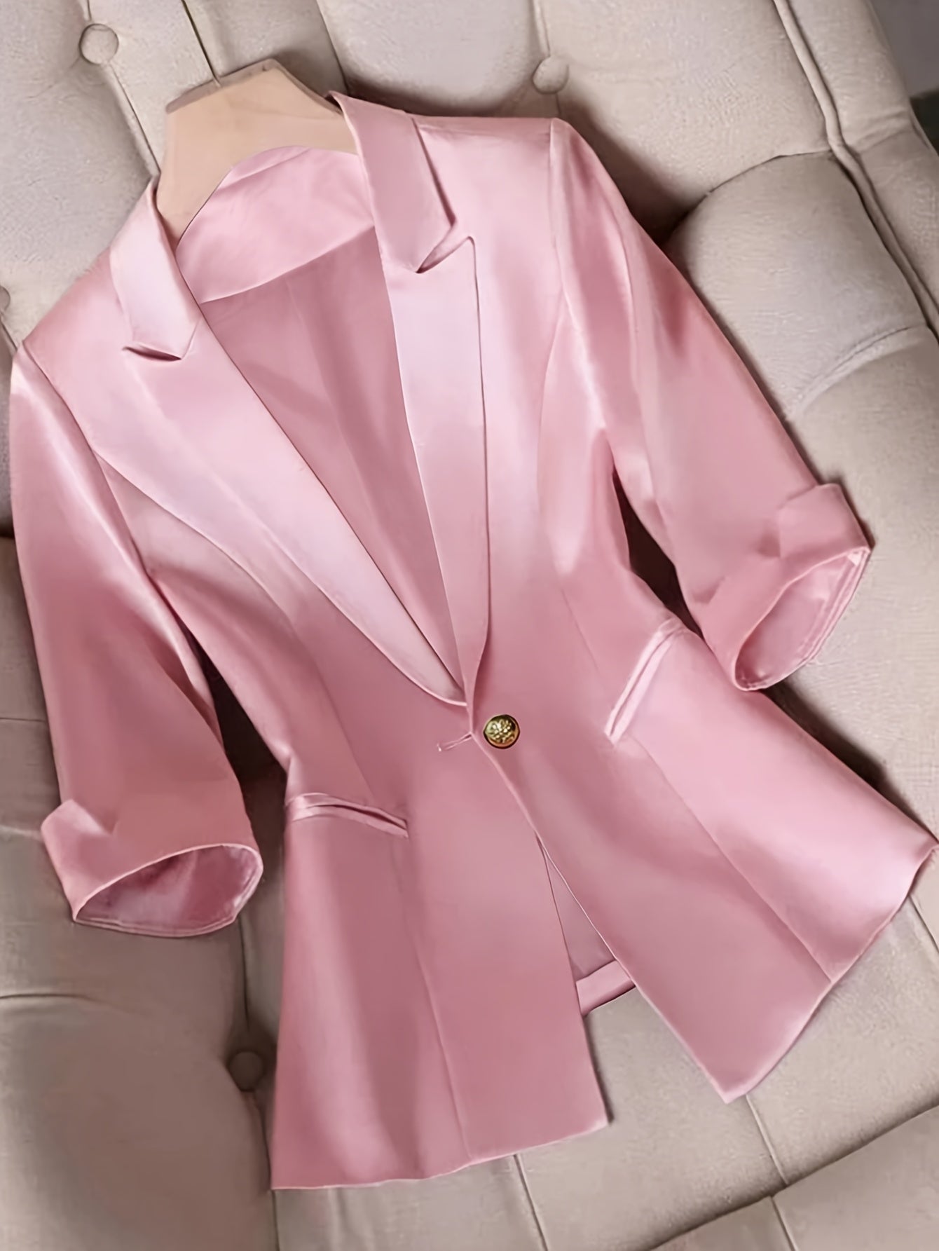 Elegant Satin Blazer for Women, Solid Color, Single Breasted, Three Quarter Sleeve, Polyester 96% Elastane 4%, Regular Fit, Woven, Button Detail, No Belt, All Seasons