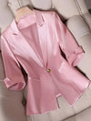Elegant Satin Blazer for Women, Solid Color, Single Breasted, Three Quarter Sleeve, Polyester 96% Elastane 4%, Regular Fit, Woven, Button Detail, No Belt, All Seasons