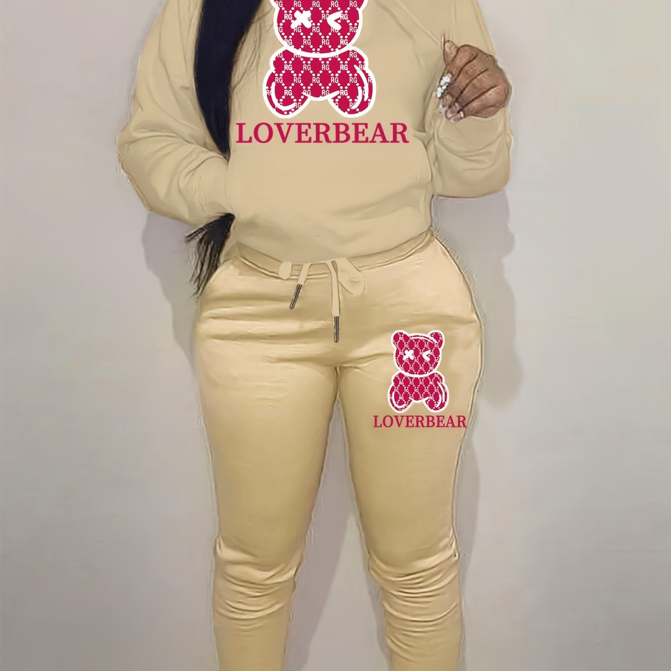 Cartoon Bear Print Two-piece Set, Drawstring Long Sleeve Hoodies & Workout Jogger Pants Outfits, Women's Clothing