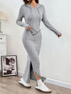 Women'S Stylish Long-Sleeve Hooded Maxi Dress - Casual Spring/Autumn Split-Hem Bodycon Dress in Solid Color, Grey, with Detachable Shoulder Straps and Kangaroo Pocket, Cute Dresses