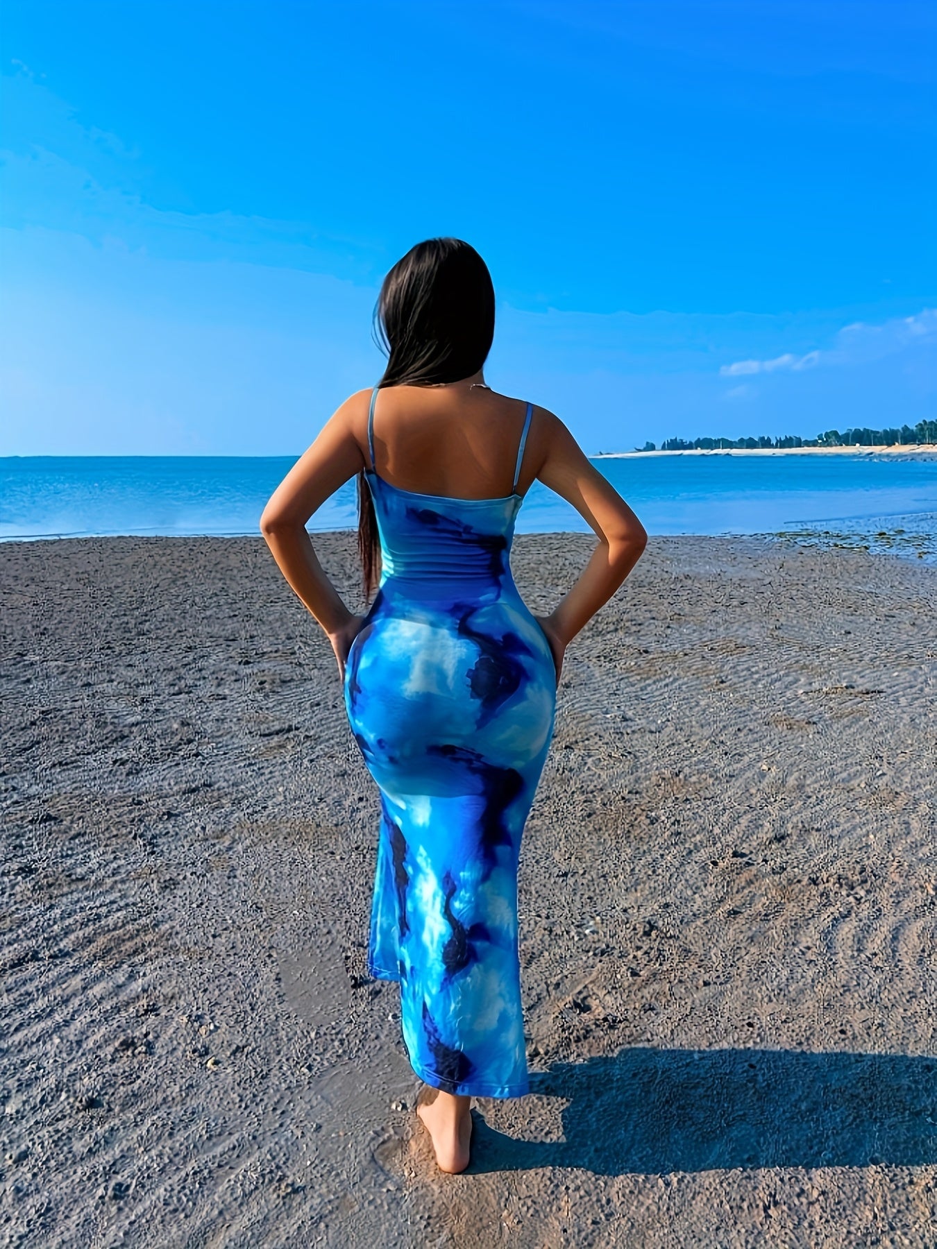 2025 New Arrival Elegant Bodycon Sleeveless Backless Long Dresses, Women'S Blue Gradient Floral Print, Beachy, Sexy, for Vacation
