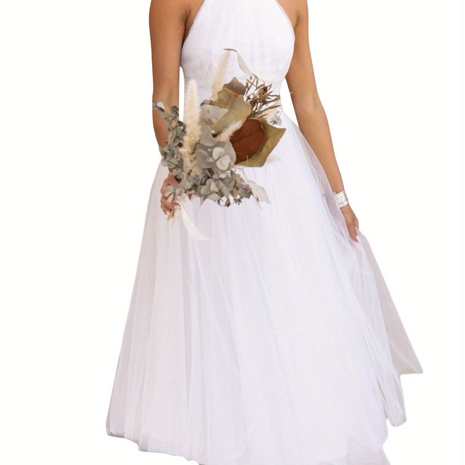 Womens Backless Long Dress Adjustable Tie Halter Neck Tulle High Waist Solid Party Wedding Dress