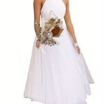 Womens Backless Long Dress Adjustable Tie Halter Neck Tulle High Waist Solid Party Wedding Dress