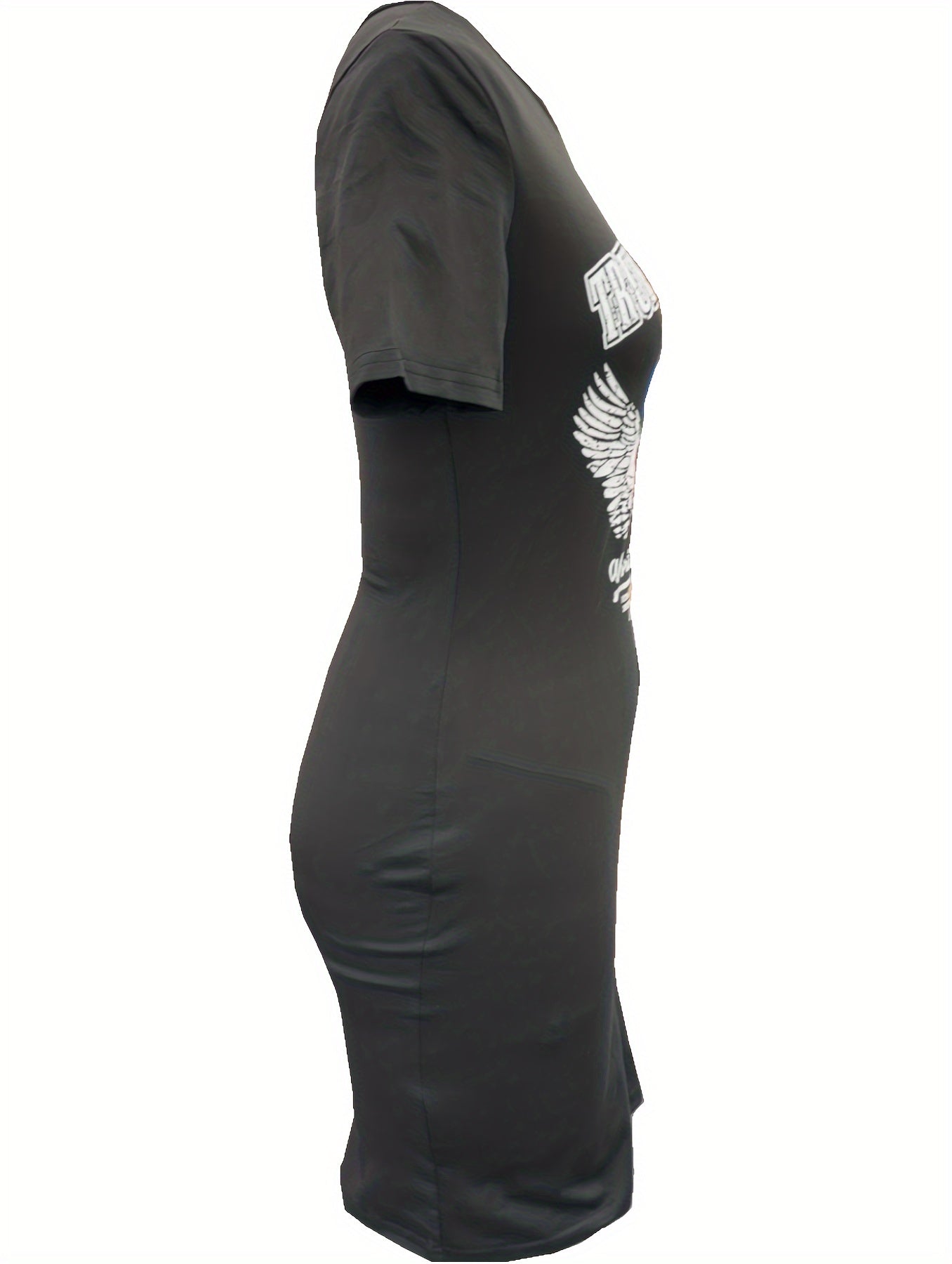 Women'S Summer Bodycon Dress, Casual Crew Neck, 95% Polyester 5% Elastane Knit Fabric, 200g/m², Printed Design, Short Sleeve, Slim Fit - Black