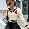 Cozy Long-Sleeve V-Neck Knit Sweater with Letter "A" - Cute Preppy Style, 100% Polyester, Machine Washable - Ideal for Fall/Winter Casual Wear
