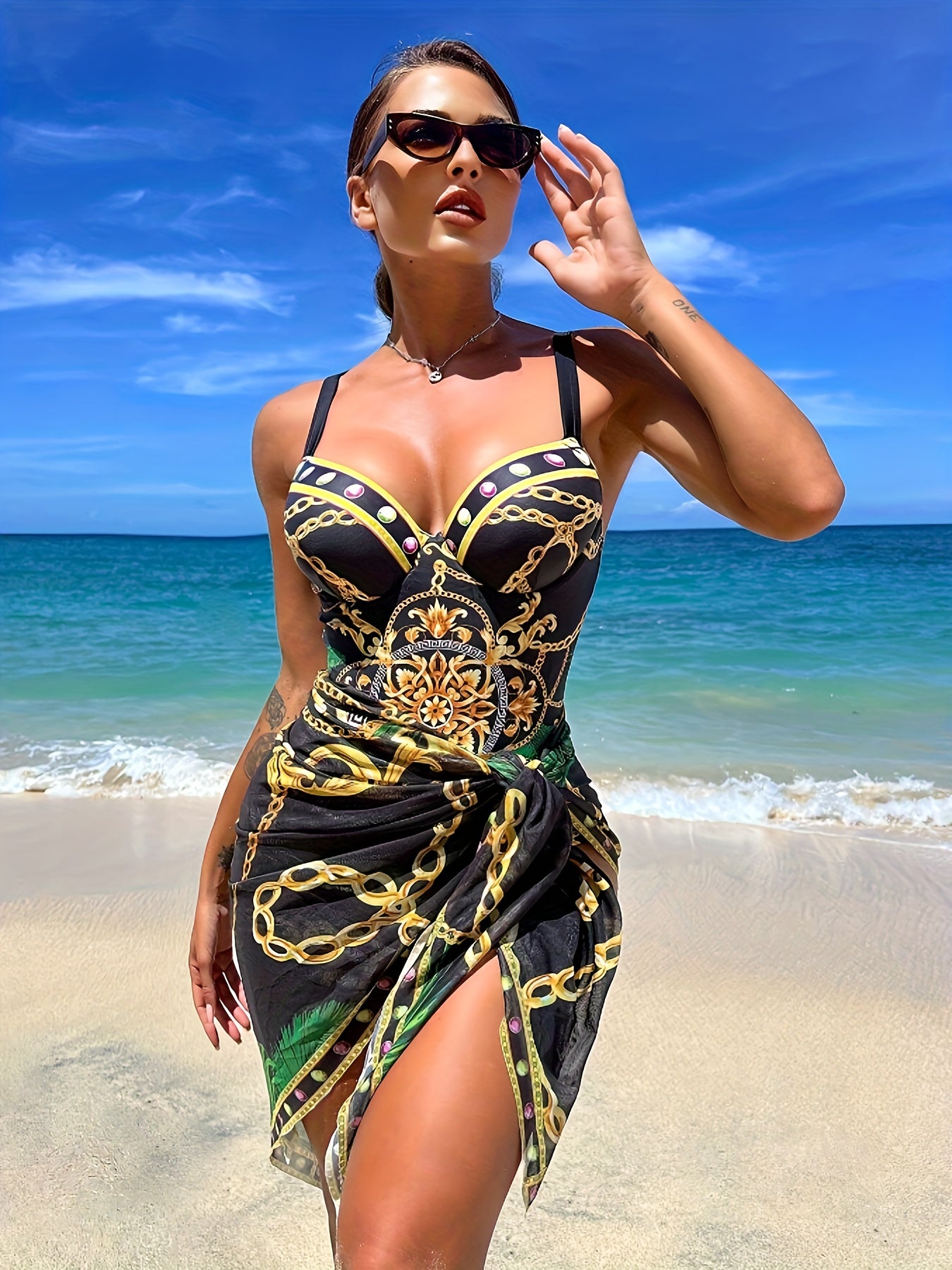 Chain Print Elegant 2 Piece Swimsuits, V Neck Push Up Spaghetti Strap One-piece Bathing-suit & Cover Up Skirt - For Women - Summer Beachwear - Perfect Gift for Vacation