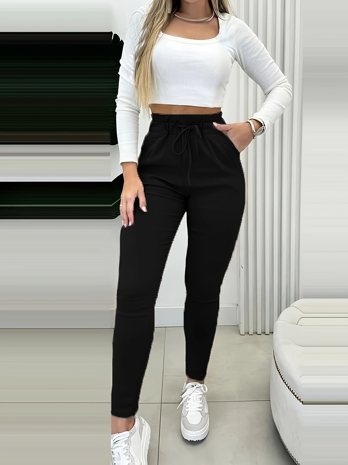 Women's Beige High-Waist Jogger Pants with Drawstring and Pockets - Casual, Stretchy Polyester Blend, Machine Washable