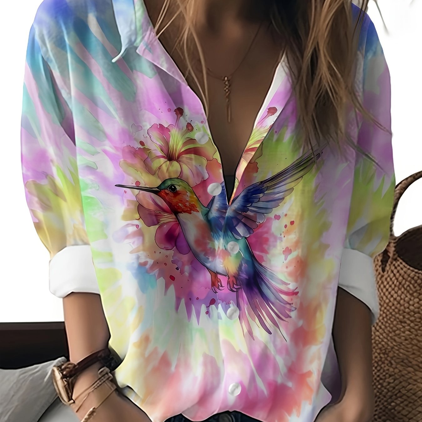 Women'S Long Sleeve Printed Blouse - Vibrant Hummingbird & Floral Design, Casual Lapel Collar, Lightweight Polyester Shirt for Spring/Fall, Ladies Blouses