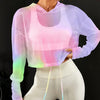 Women's Breathable Mesh Hoodie - Casual Fashion Gradient Color, Loose-Fit Long Sleeve T-Shirt with Drawstring Hood, Colorful, Sports