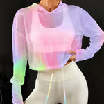 Women's Breathable Mesh Hoodie - Casual Fashion Gradient Color, Loose-Fit Long Sleeve T-Shirt with Drawstring Hood, Colorful, Sports