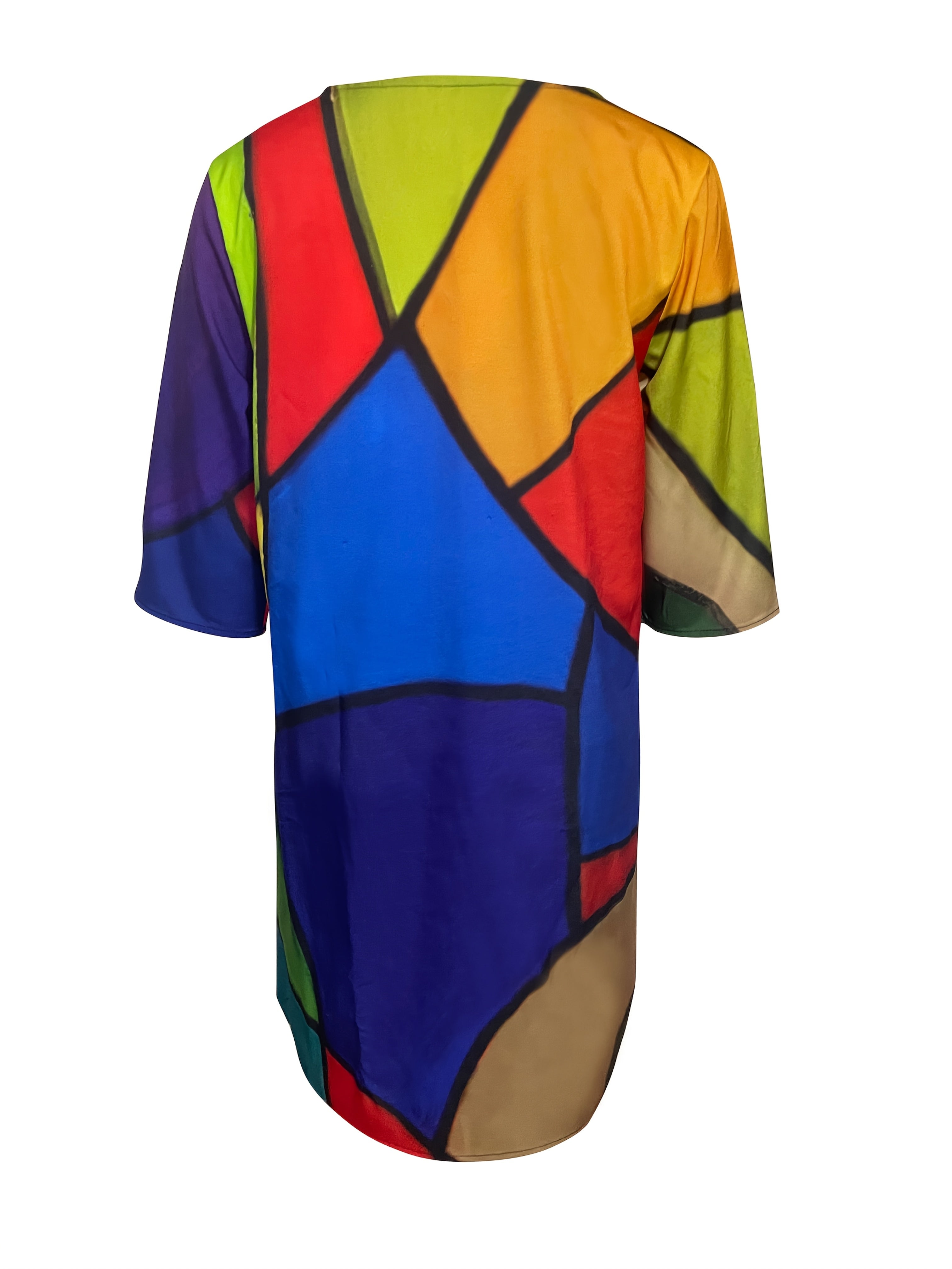 Women's Casual V-Neck Dress with 3/4 Sleeves - Retro Geometric Print, All-Season Polyester Blend, Machine Washable