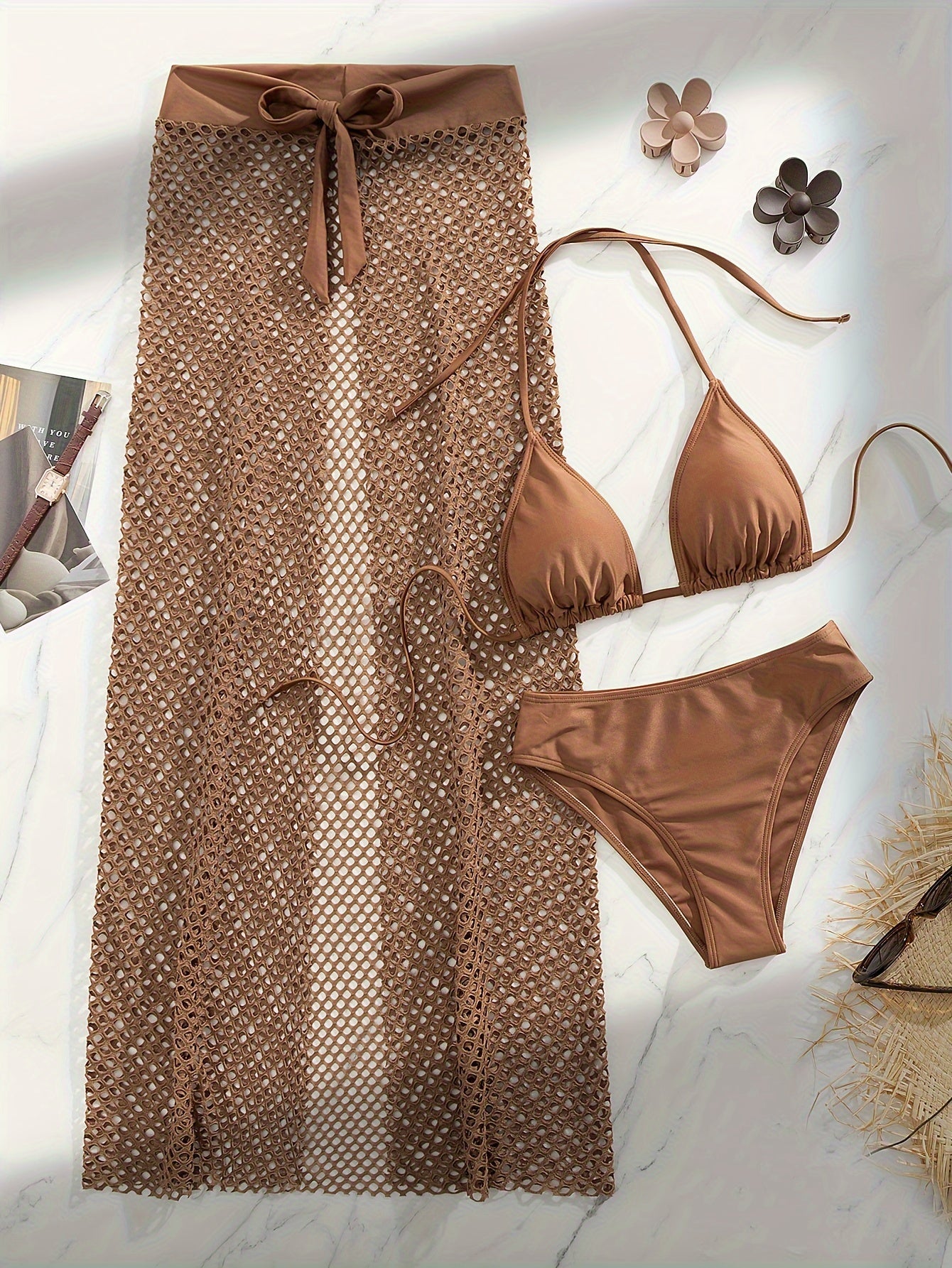 Women's Plain Brown Triangle Halter Tie Strap Backless Bikini With Hollow Out Cover Up 3 Piece Set Swimsuits -  For Summer Beach Vacations - Perfect Gift for Women
