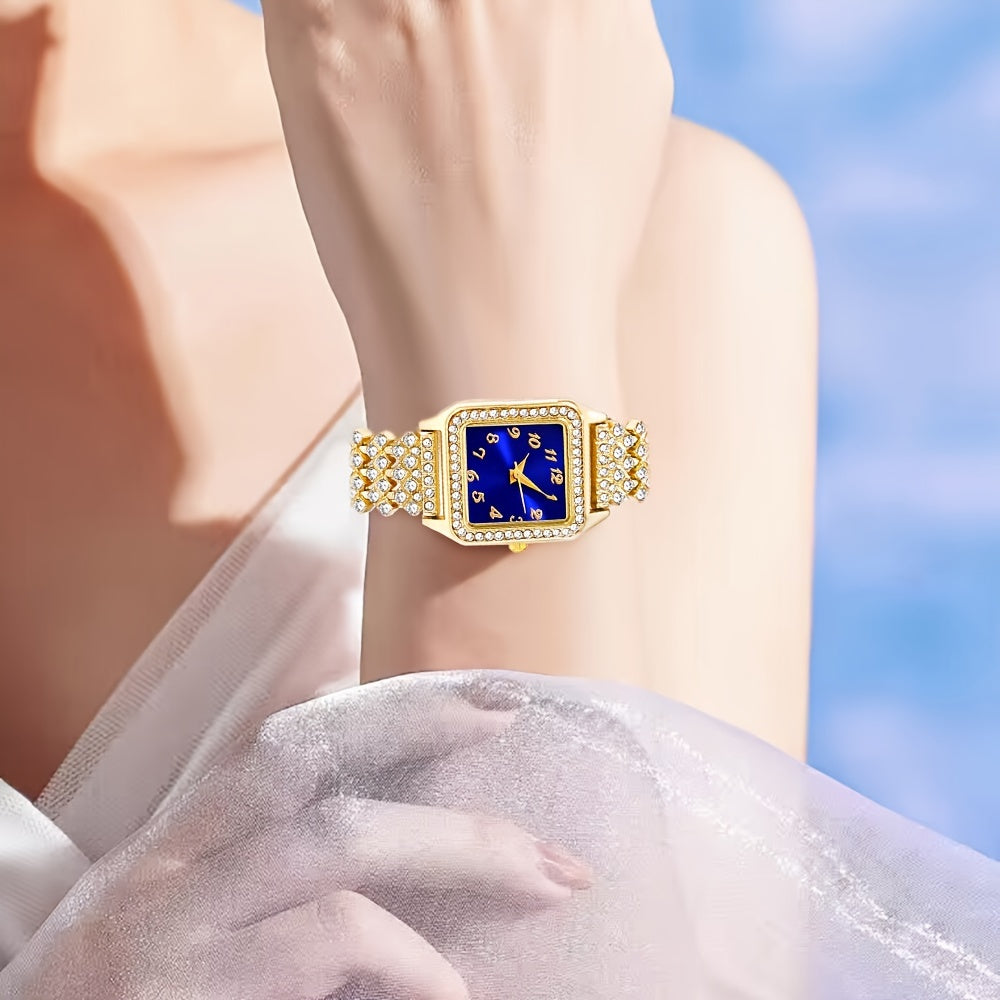 Quartz Watch & Accessory Set - Elegant Analog Navy Blue Dial, Golden Material, Movement with Battery Display, Stylish Present for Women on Any Event or Celebrations