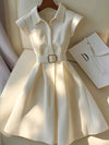 Women'S Elegant Beige Short Sleeve A-Line Shirt Dress with Belt - Polyester, Collared Neck, Perfect for Spring/Summer Casual Wear, Casual Attire|Elegant Collared Dress|Polyester Dres